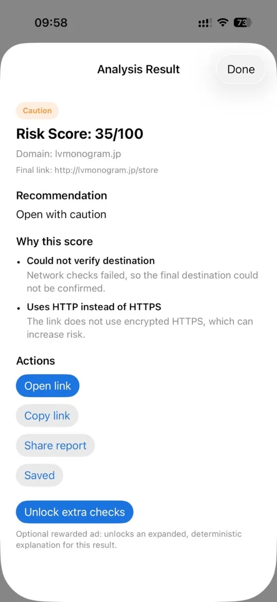 Pantalla de TrustLens, análisis de enlaces y códigos QR (captura 3)